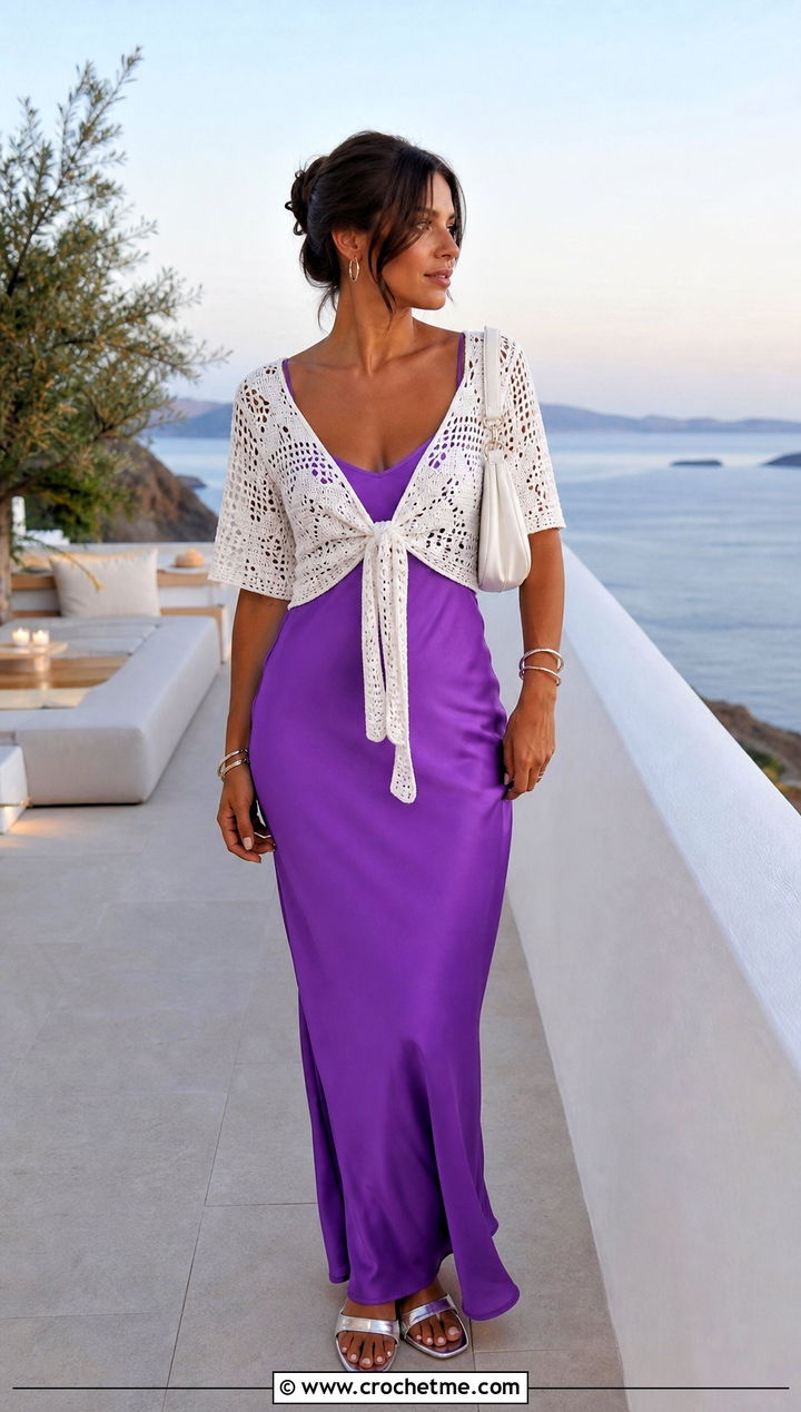 White Tie Front Crochet Blouse With Slip Dress - 15 white crochet blouse design outfit ideas