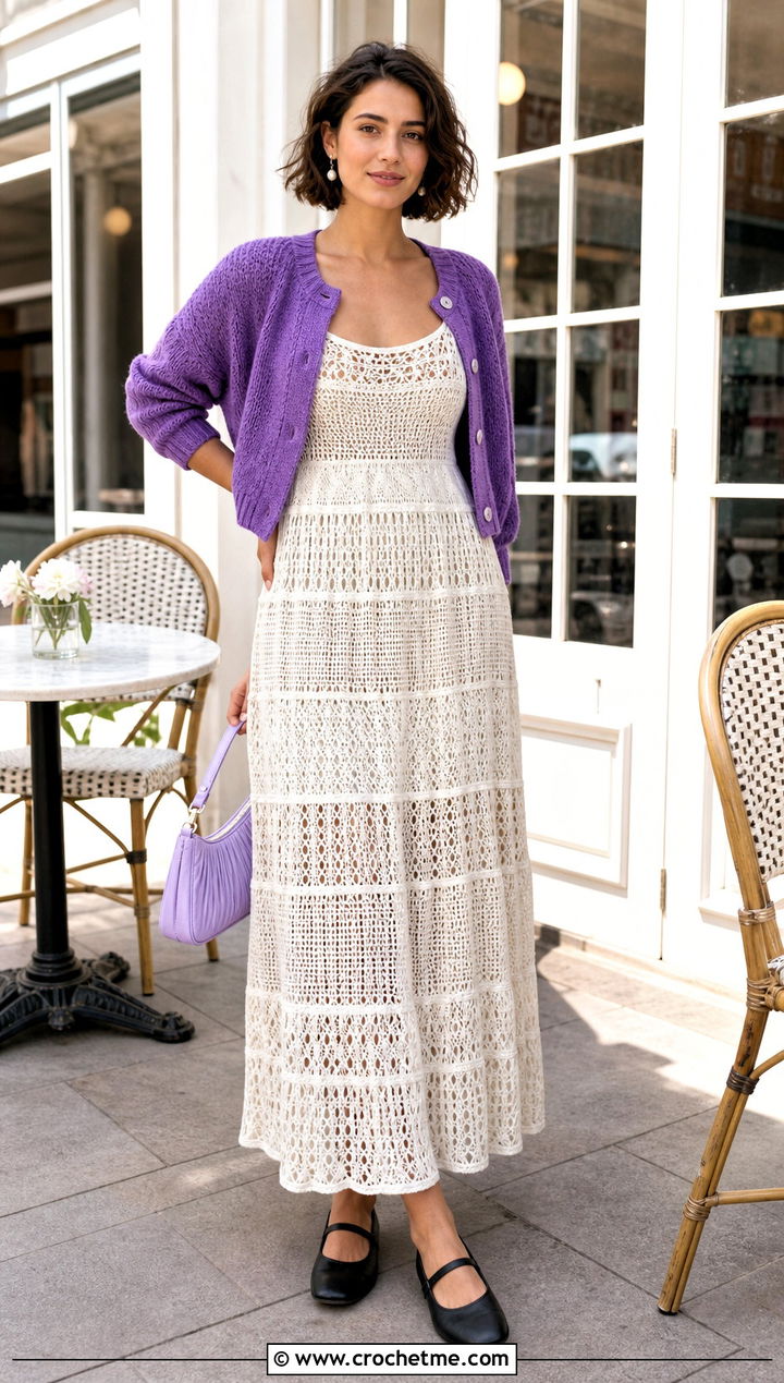 White Tiered Long Crochet Dress With Cropped Cardigan - 25 white long crochet dress outfit ideas