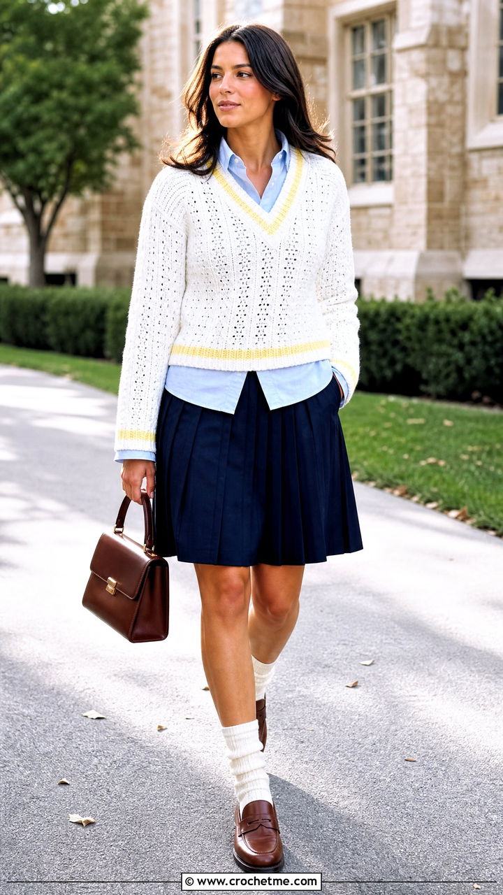 White V Neck Crochet Sweater With Oxford Shirt And Pleated Skirt - 35 white crochet sweater outfit ideas