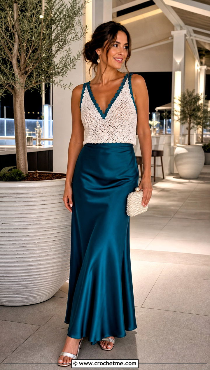 White V Neck Crochet Tank Top With A Satin Maxi Skirt - 30 White Crochet Tank Top outfit ideas