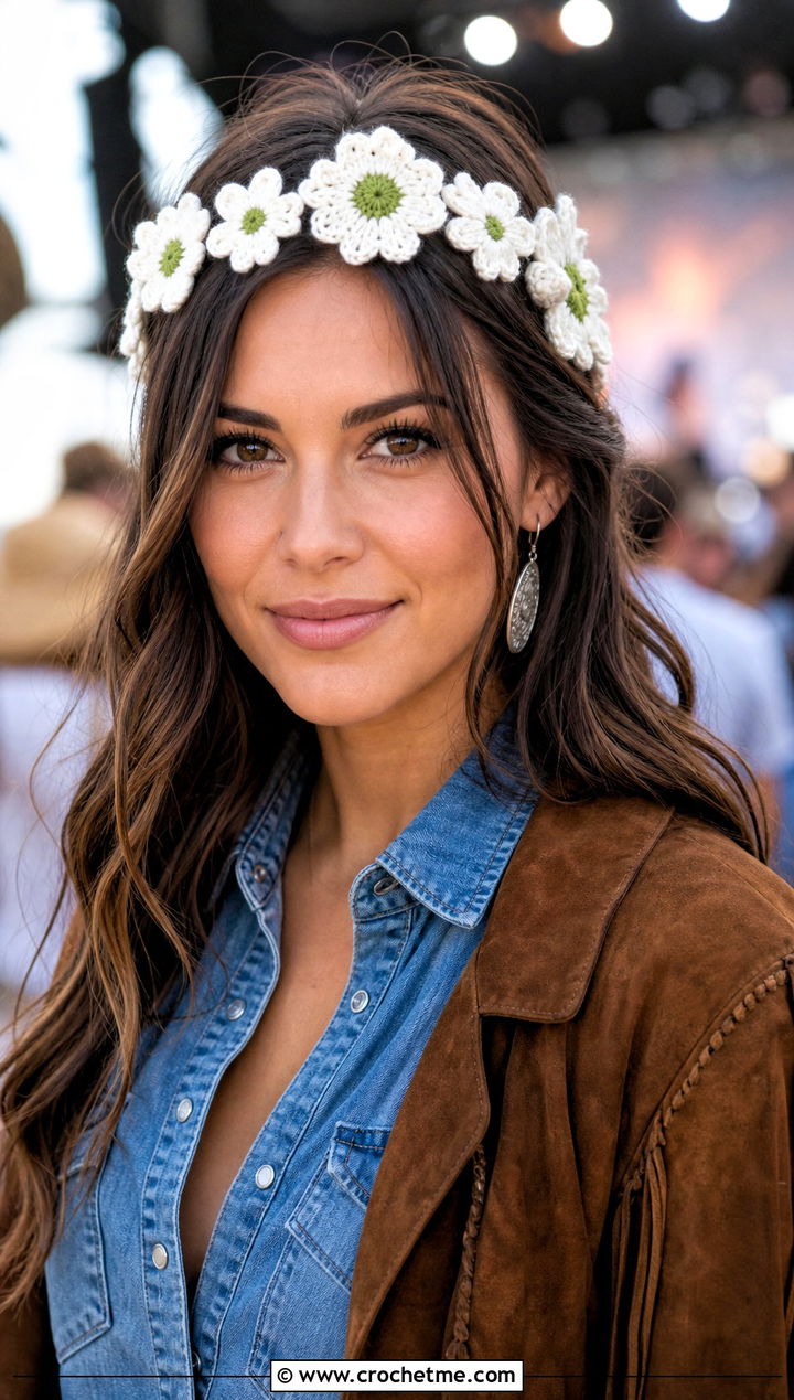 White Wildflower Crocheted Headband With A Western Outfit - 15 white crocheted flower headband outfit ideas