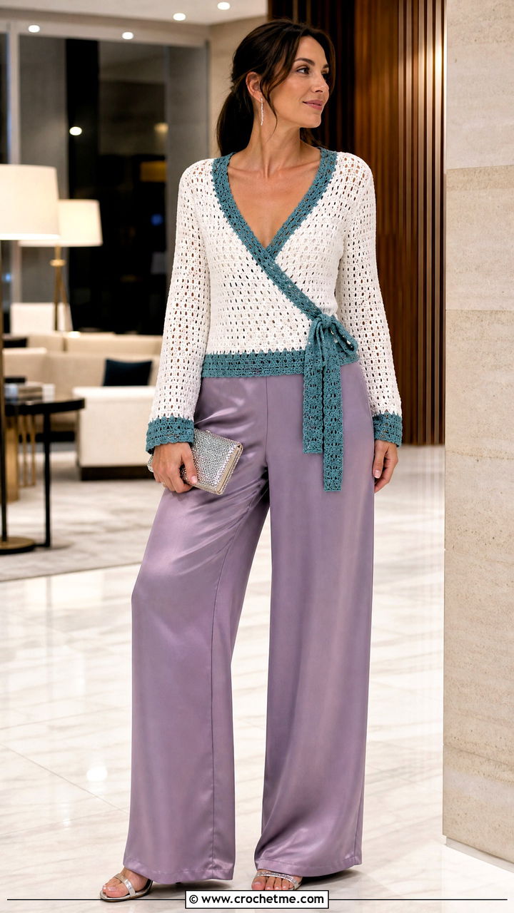 White Wrap Crochet Sweater With Satin Pants - 35 white crochet sweater outfit ideas
