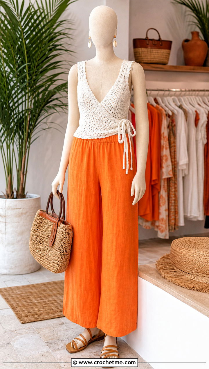 White Wrap Crochet Top With Linen Trousers - 15 white crochet top on mannequin outfit ideas