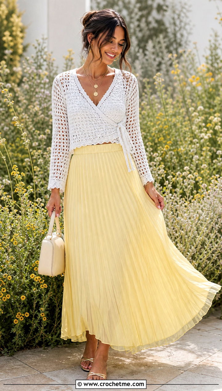White Wrap Crochet Top With Pleated Maxi Skirt - 15 white crochet top on floral background outfit ideas
