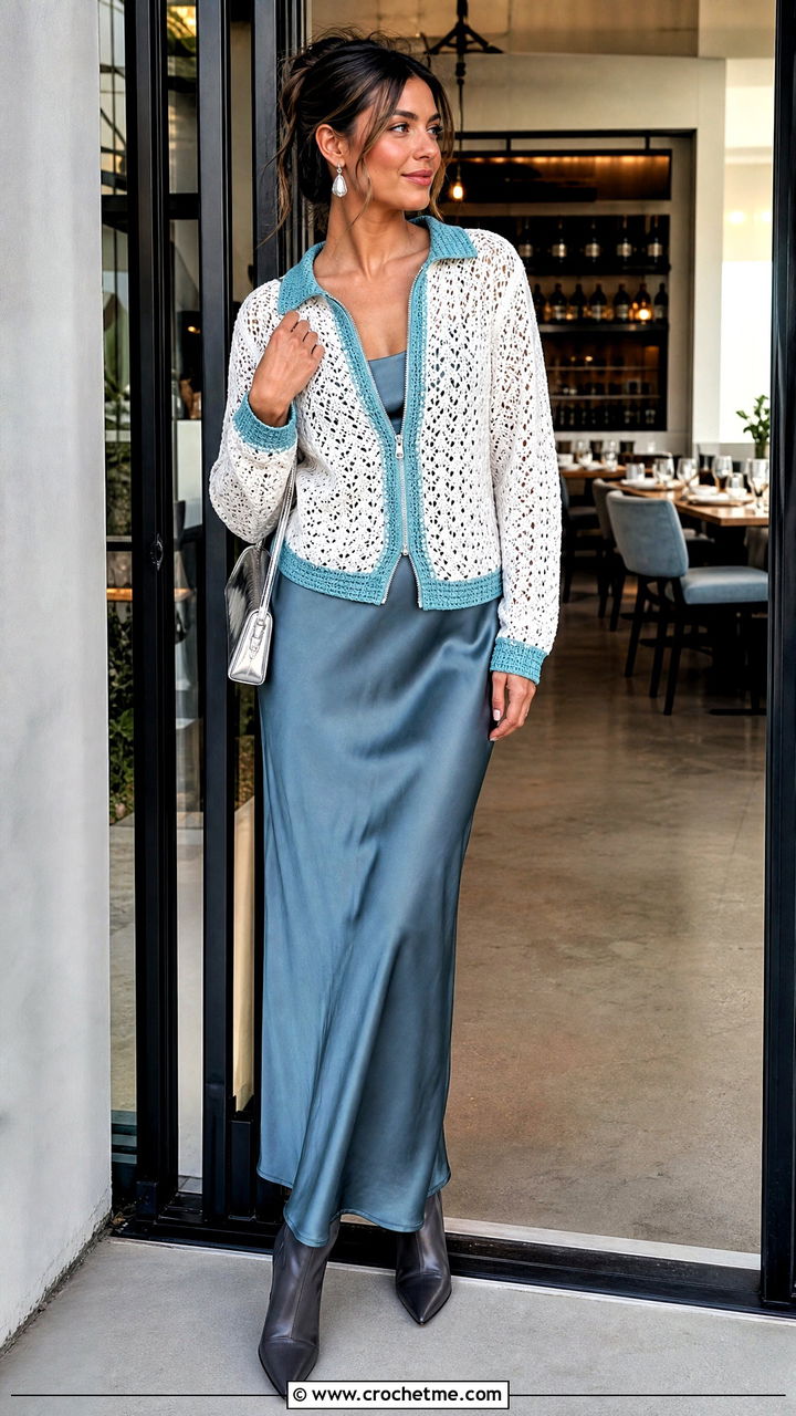 White Zip Front Crochet Sweater With Slip Dress - 35 white crochet sweater outfit ideas