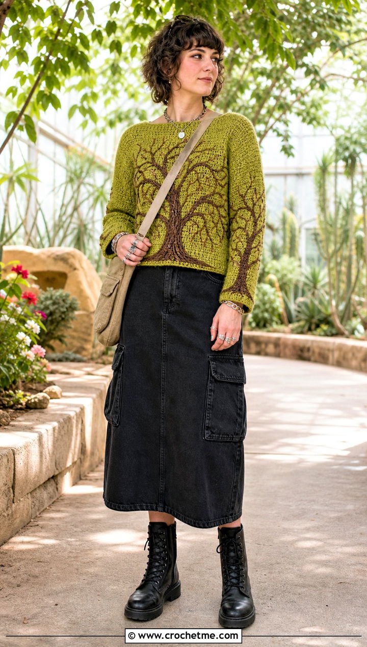Whomping Willow Crochet Sweater With Utility Midi Skirt - 25 Harry Potter Crochet Sweater outfit ideas