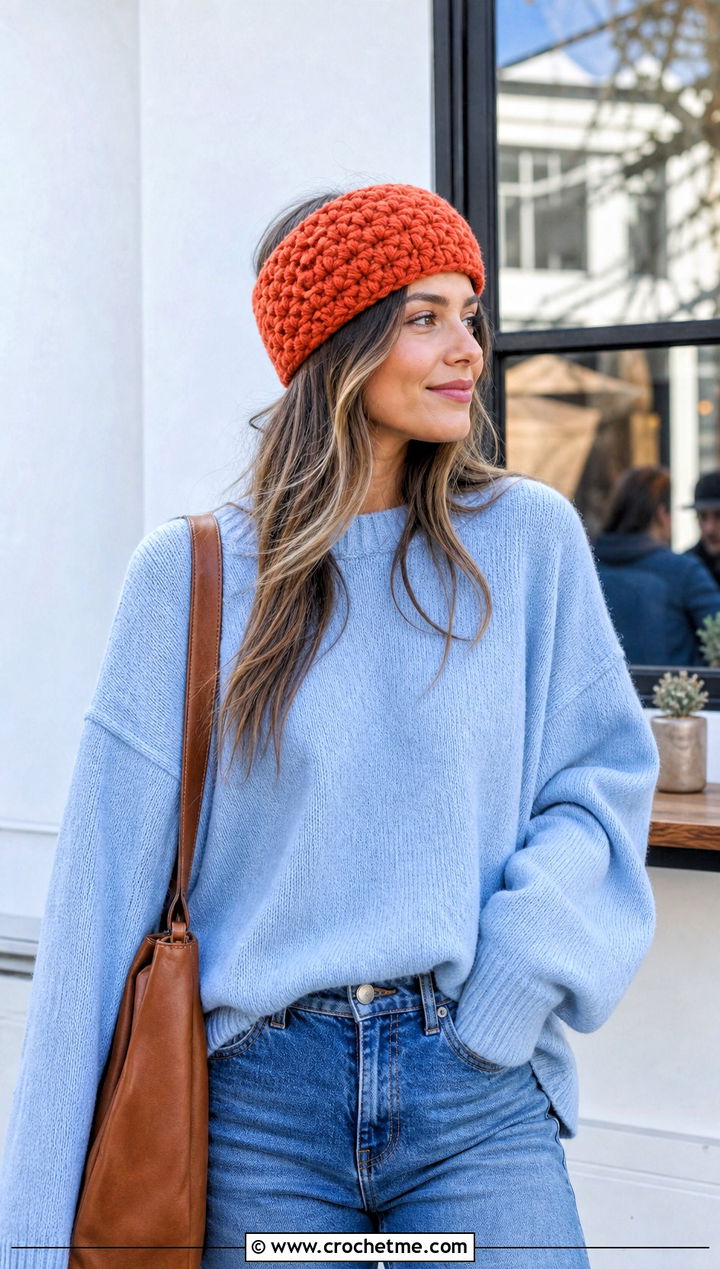 Wide Band Bulky Crochet Ear Warmer With Oversized Sweater - 25 Bulky Crochet Ear Warmer outfit ideas