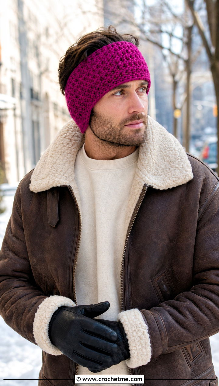 Wide Band Crochet Mens Ear Warmer With Shearling Jacket - 25 Crochet Mens Ear Warmer outfit ideas