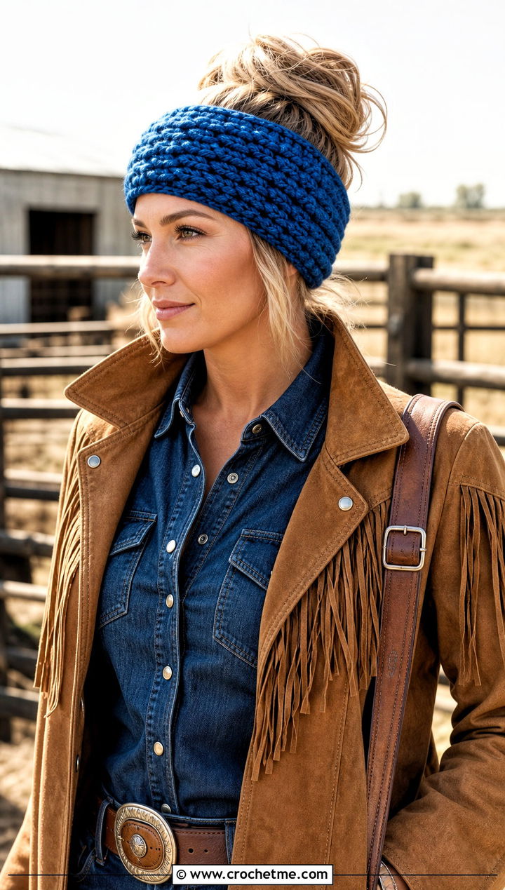 Wide Band Crochet Messy Bun Ear Warmer With Western Outfit - 20 Crochet Messy Bun Ear Warmer outfit ideas