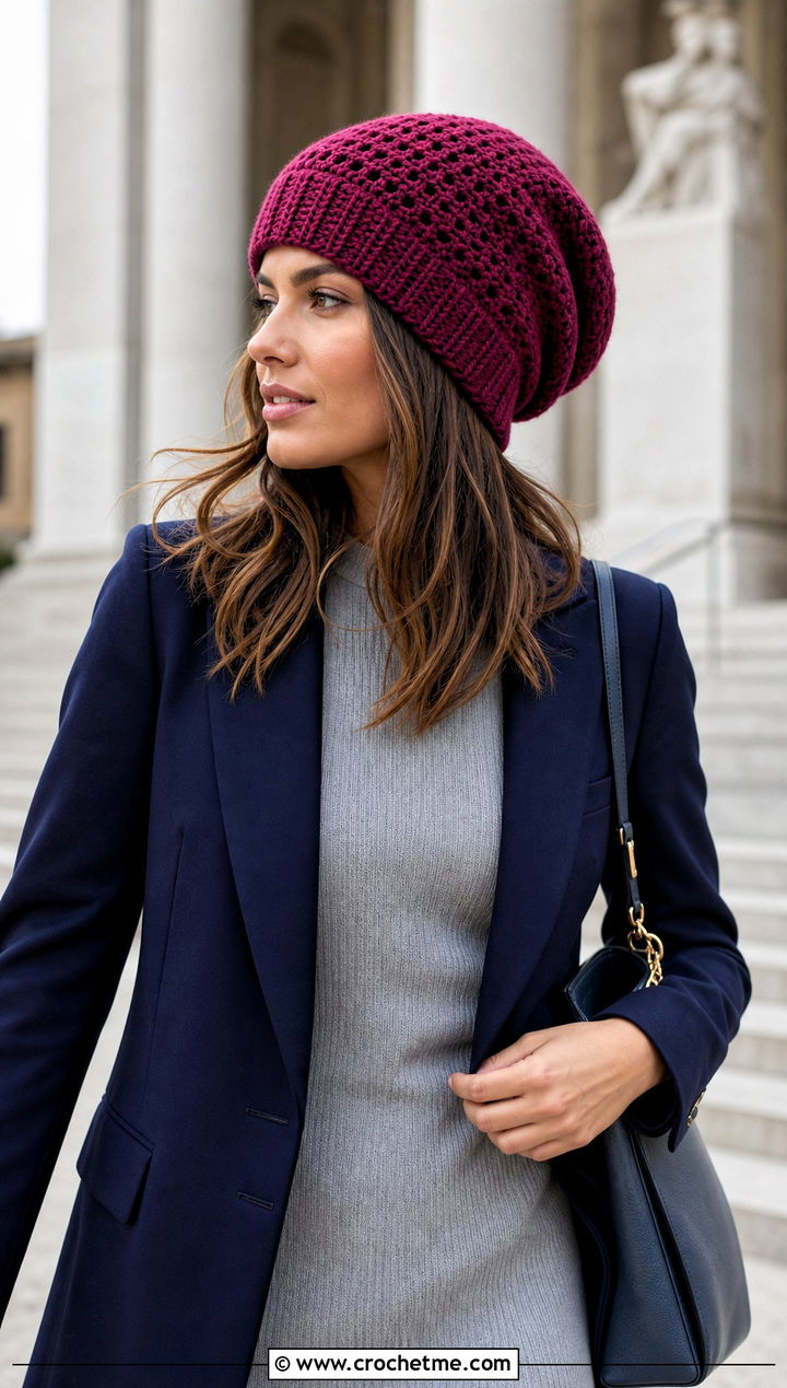 Wide Band Crochet Slouch Beanie With Blazer And Midi Dress - 35 crochet slouch beanie outfit ideas