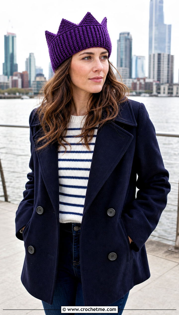 Wide Band Crown Ear Warmer With Peacoat And Flared Jeans - 25 crochet crown ear warmer outfit ideas