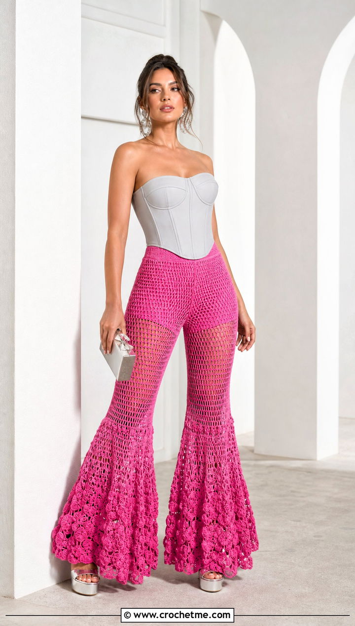 Wide Bell Mesh Flare Pants With Corset Style Top - 20 Crochet Mesh Flare Pants outfit ideas