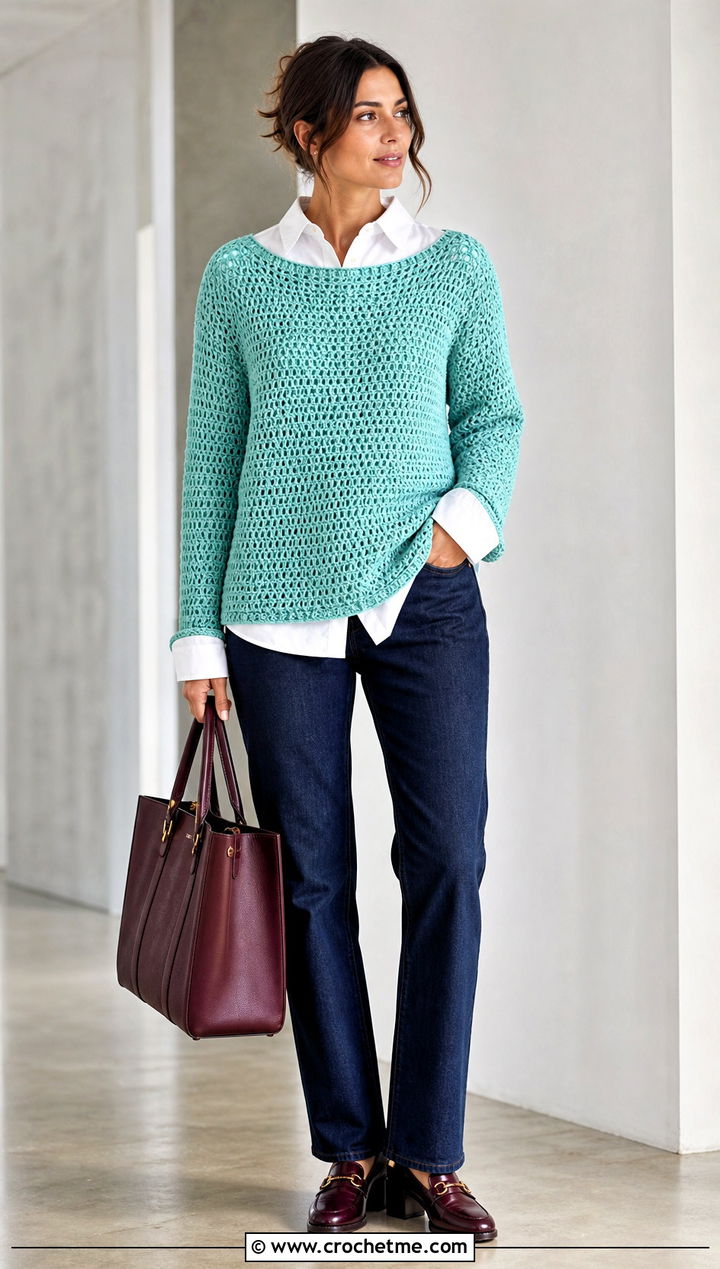 Wide Boatneck Crochet Sweater Over A Collared Shirt And Jeans - 35 off shoulder crochet sweater outfit ideas