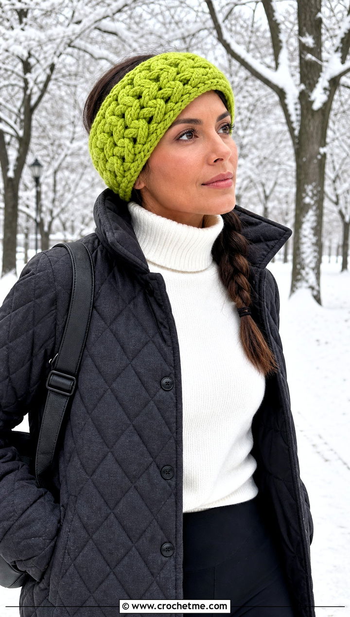 Wide Braided Crochet Ear Warmer With Quilted Coat And Winter Boots - 20 Braided Crochet Headband outfit ideas