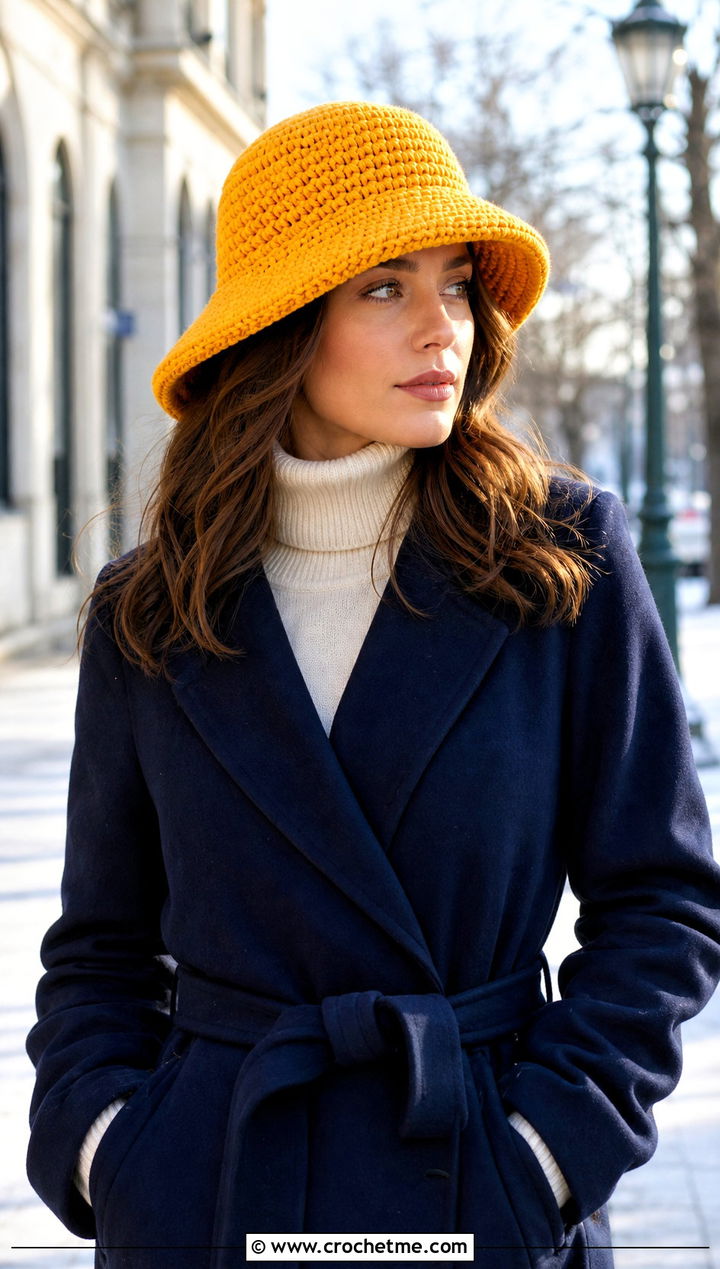 Wide Brim Crochet Bucket Hat With Belted Coat - 35 crochet winter bucket hat outfit ideas