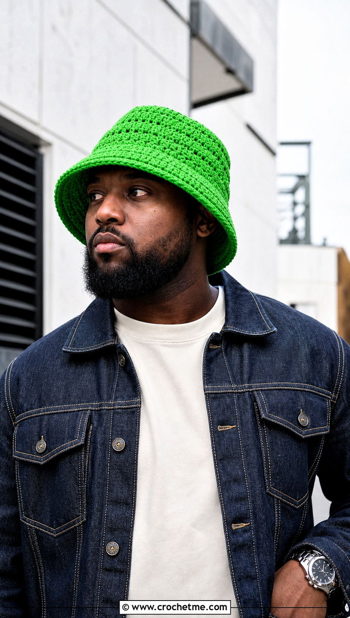 Wide Brim Crochet Bucket Hat With Denim Jacket And Work Pants - 30 men's crochet hats outfit ideas