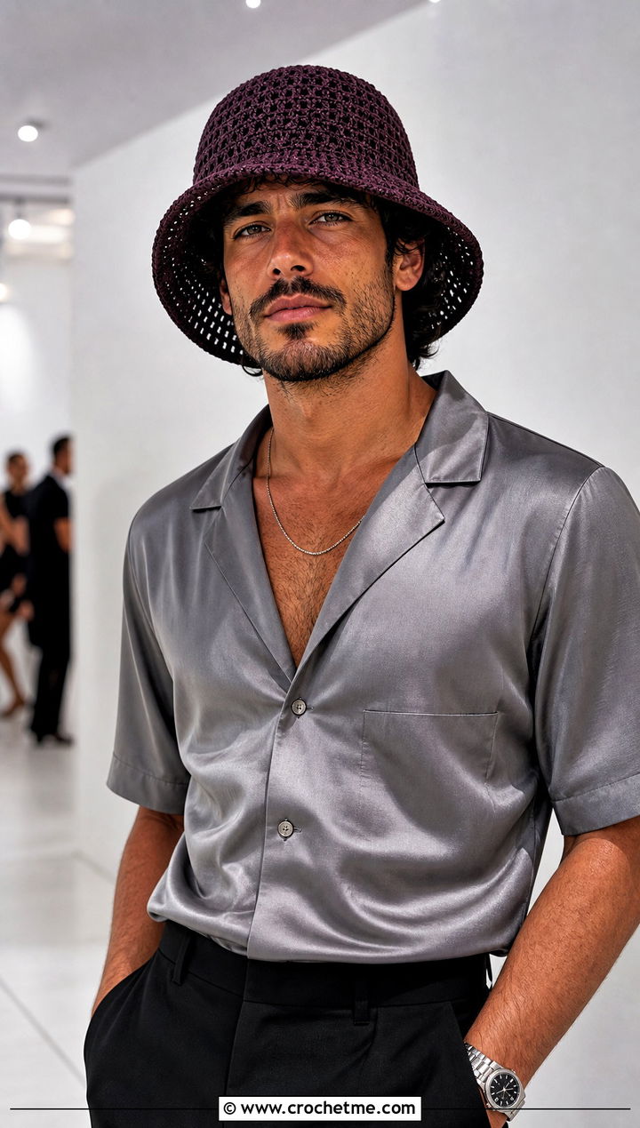 Wide Brim Crochet Bucket Hat With Satin Shirt And Black Pants - 15 Crochet Mens Bucket Hat outfit ideas