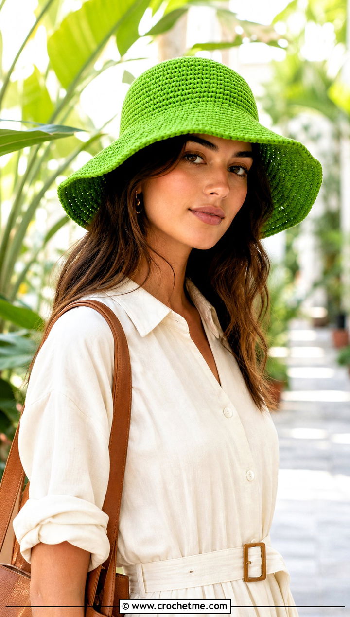 Wide Brim Crochet Bucket Hat With Shirt Dress - 25 crochet bucket hat ideas