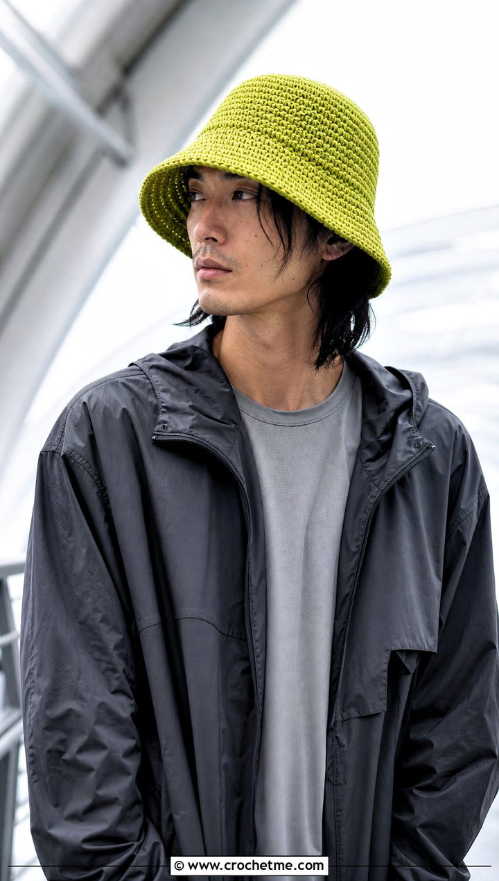 Wide Brim Crochet Bucket Hat With Techwear Outfit - 30 men crochet hat outfit ideas