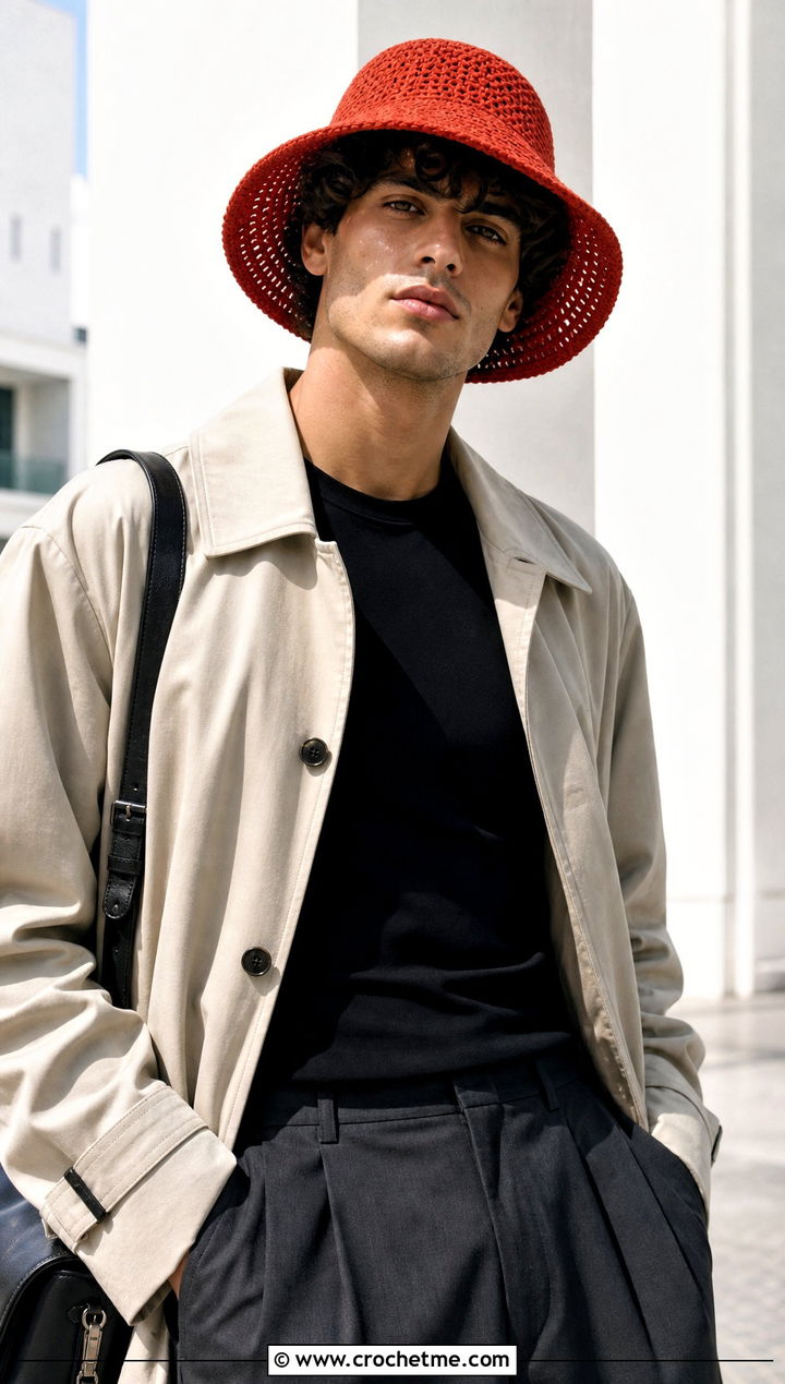 Wide Brim Crochet Bucket Hat With Trench Coat And Wide Leg Pants - 30 crochet bucket hat men outfit ideas