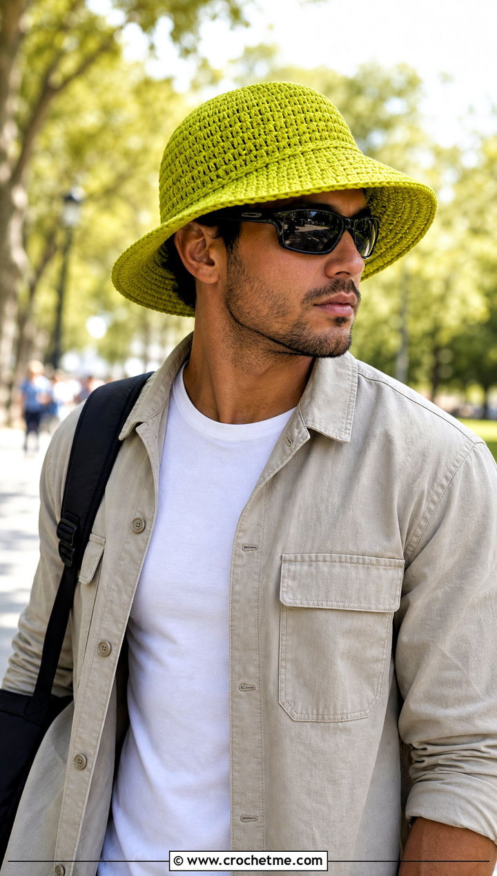 Wide Brim Crochet Bucket Hat With Utility Overshirt - 15 mens crochet bucket hat outfit ideas