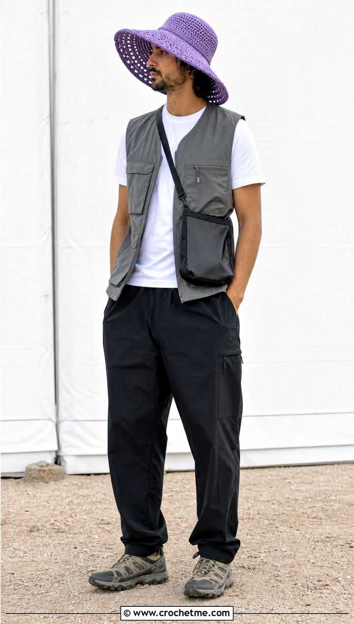 Wide Brim Crochet Bucket Hat With Utility Vest - 35 crochet hat for man outfit ideas