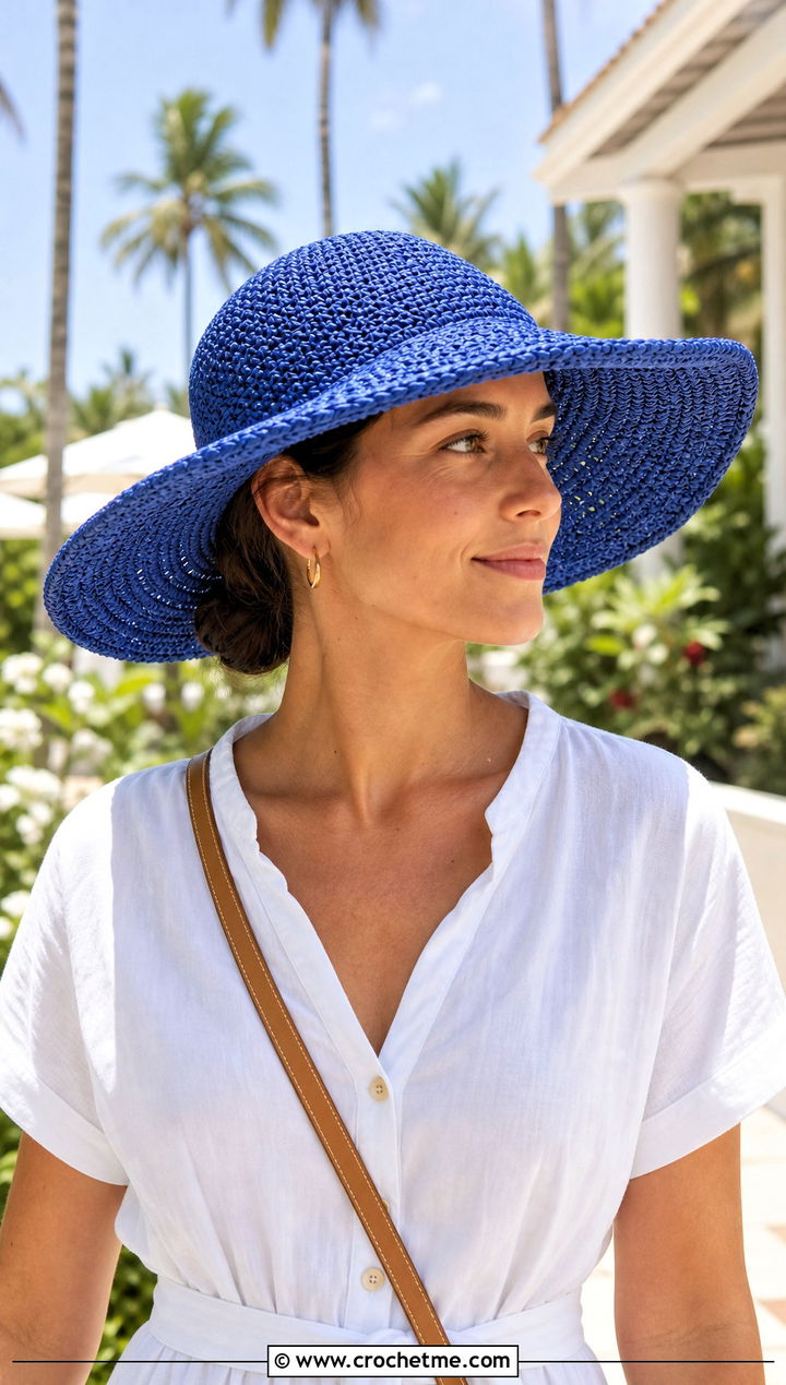Wide Brim Crochet Raffia Sun Hat With Linen Dress - 30 crochet raffia hat outfit ideas