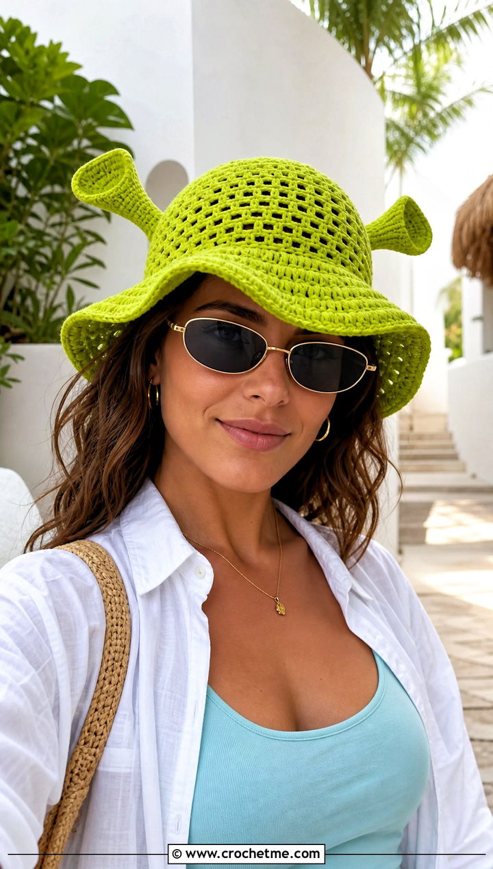 Wide Brim Crochet Shrek Bucket Hat With Linen Set - 15 Crochet Shrek Bucket Hat outfit ideas