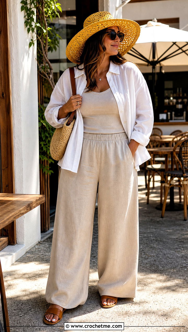 Wide Brim Crochet Straw Sun Hat With Linen Outfit - 35 crochet straw hat outfit ideas