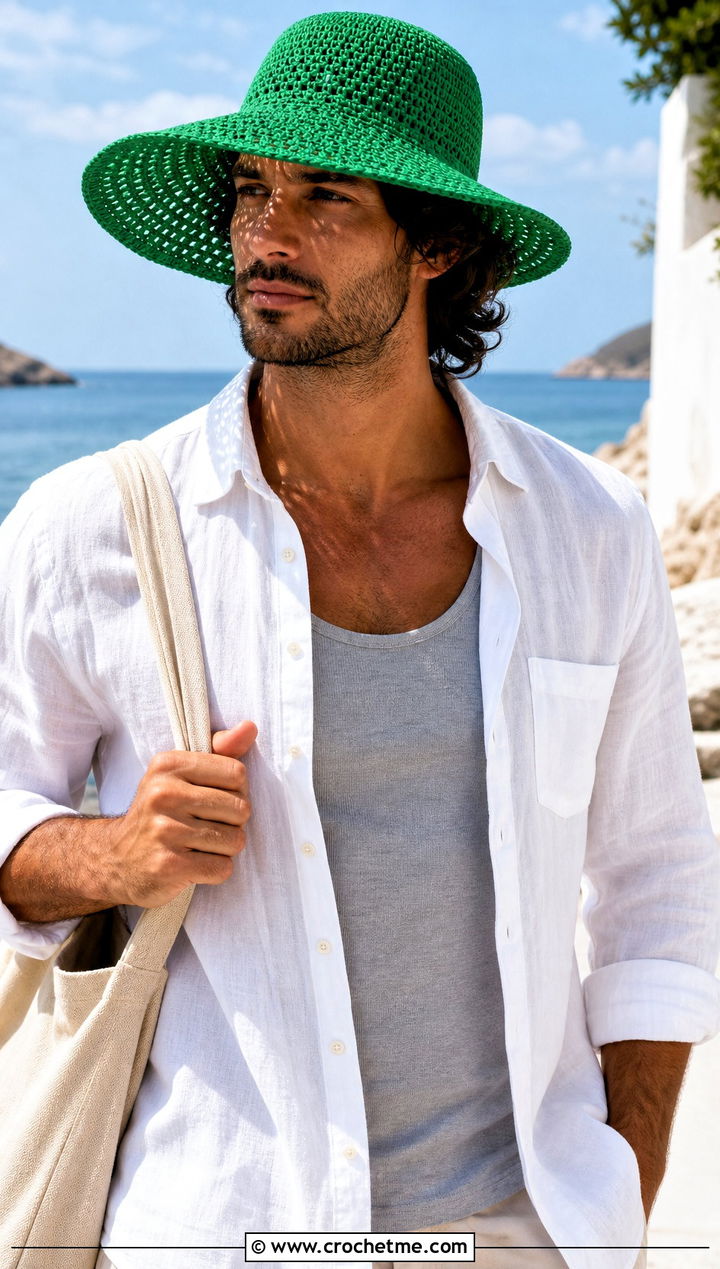 Wide Brim Crochet Sun Hat With Beach Outfit - 15 Unique Crochet Men Hat outfit ideas