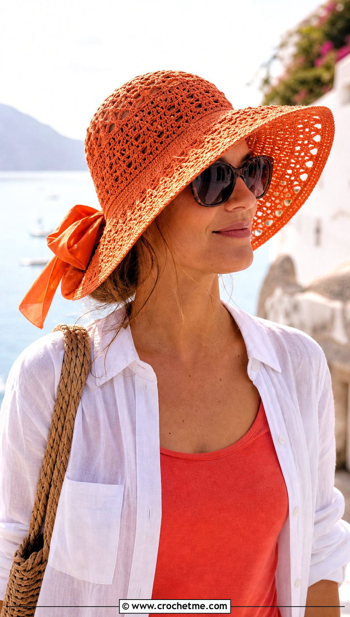 Wide Brim Crochet Sun Hat With Bow And Linen Set - 20 Crochet Hat With Bow outfit ideas