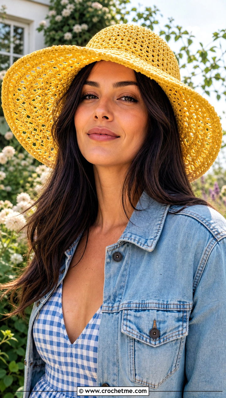 Wide Brim Crochet Sun Hat With Gingham Midi Dress - 15 Country Cottage Crochet Hat outfit ideas