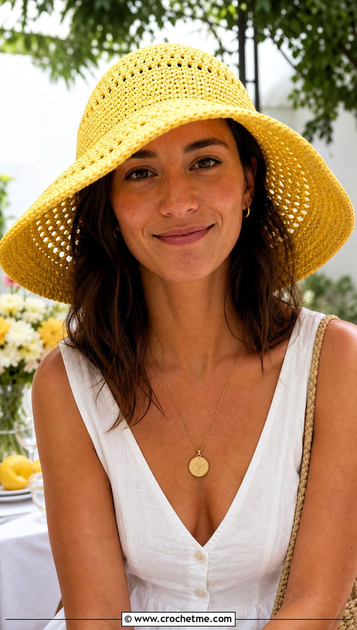 Wide Brim Crochet Sun Hat With Linen Dress - 25 summer crochet sun hat outfit ideas