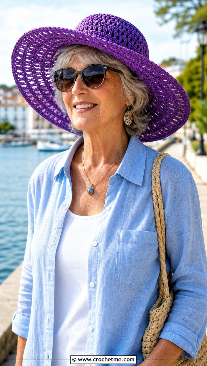 Wide Brim Crochet Sun Hat With Linen Outfit - 25 Crochet Hat For Grandma outfit ideas