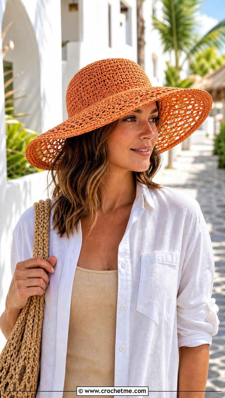 Wide Brim Crochet Sun Hat With Linen Set - 15 Easy Crochet Hats For Women outfit ideas