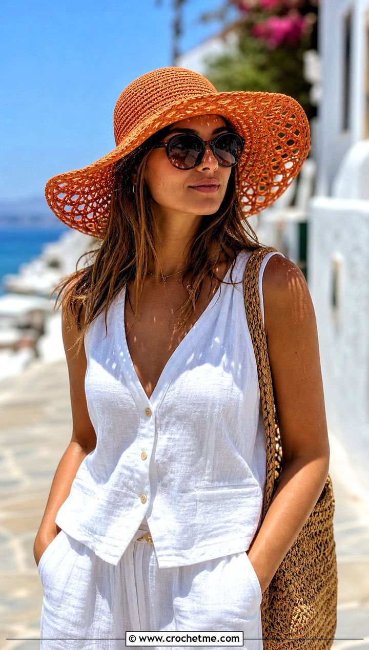 Wide Brim Crochet Sun Hat With Linen Set - 15 Ladies Crochet Hat outfit ideas