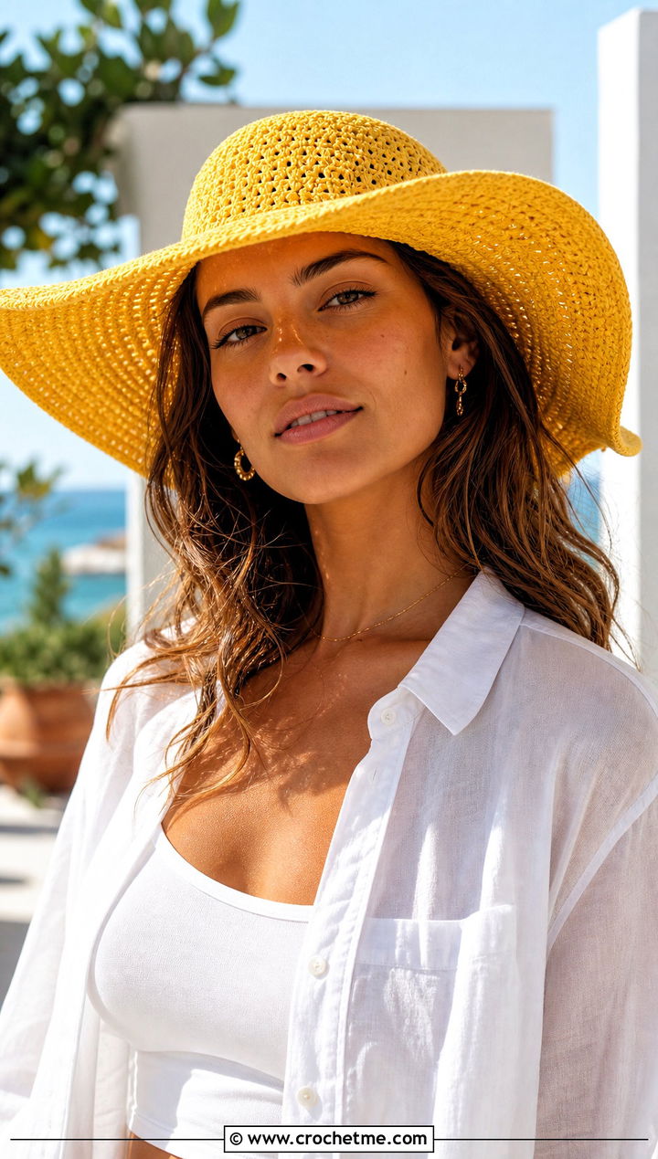 Wide Brim Crochet Sun Hat With Linen Set - 25 Easy Crochet Hats With Brim outfit ideas