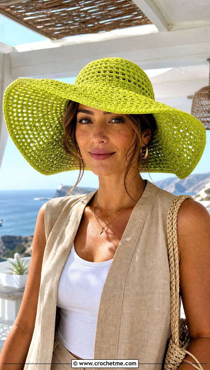 Wide Brim Crochet Sun Hat With Linen Vest And Pants - 25 easy crocheted hats outfit ideas