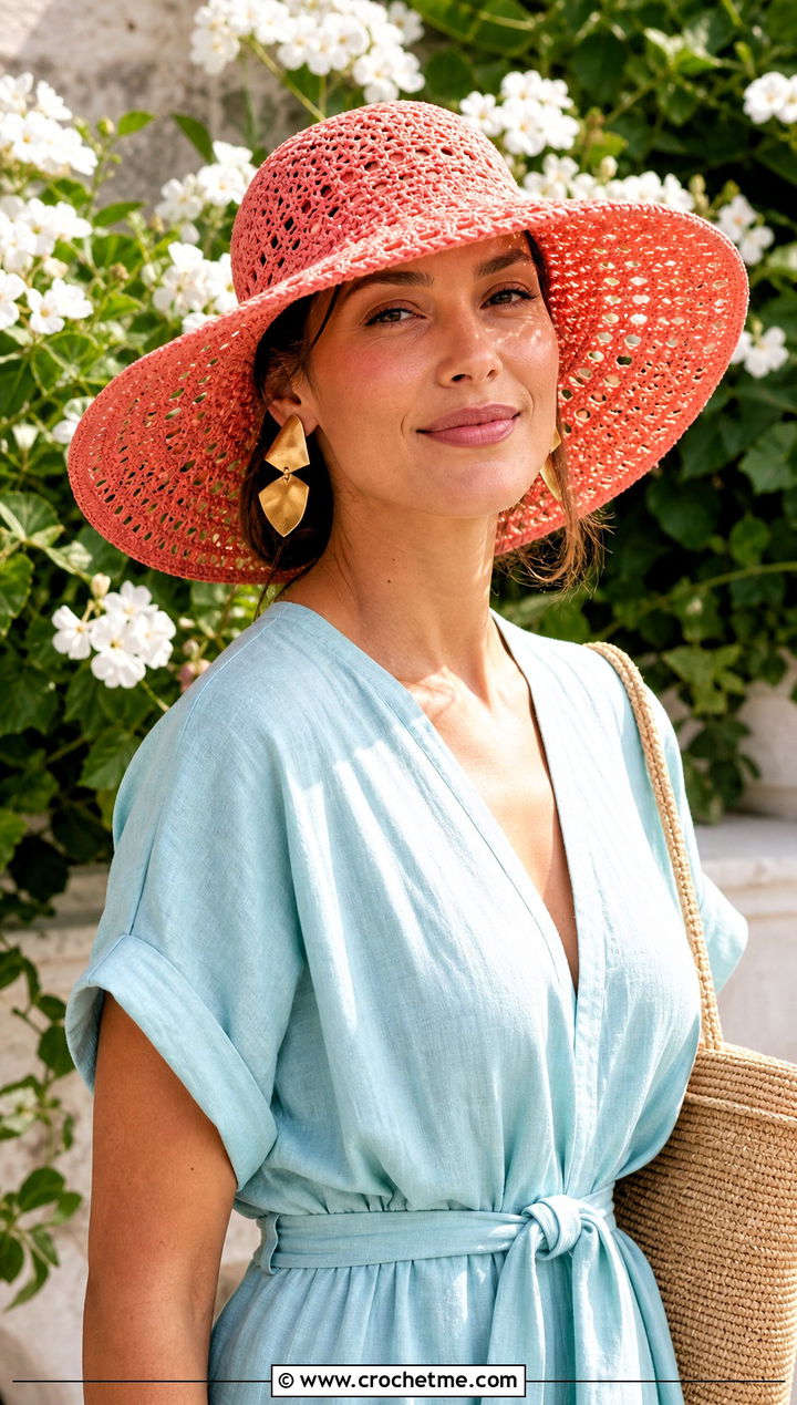 Wide Brim Crochet Sun Hat With Maxi Dress - 25 Easy Crochet Hats For Beginners outfit ideas