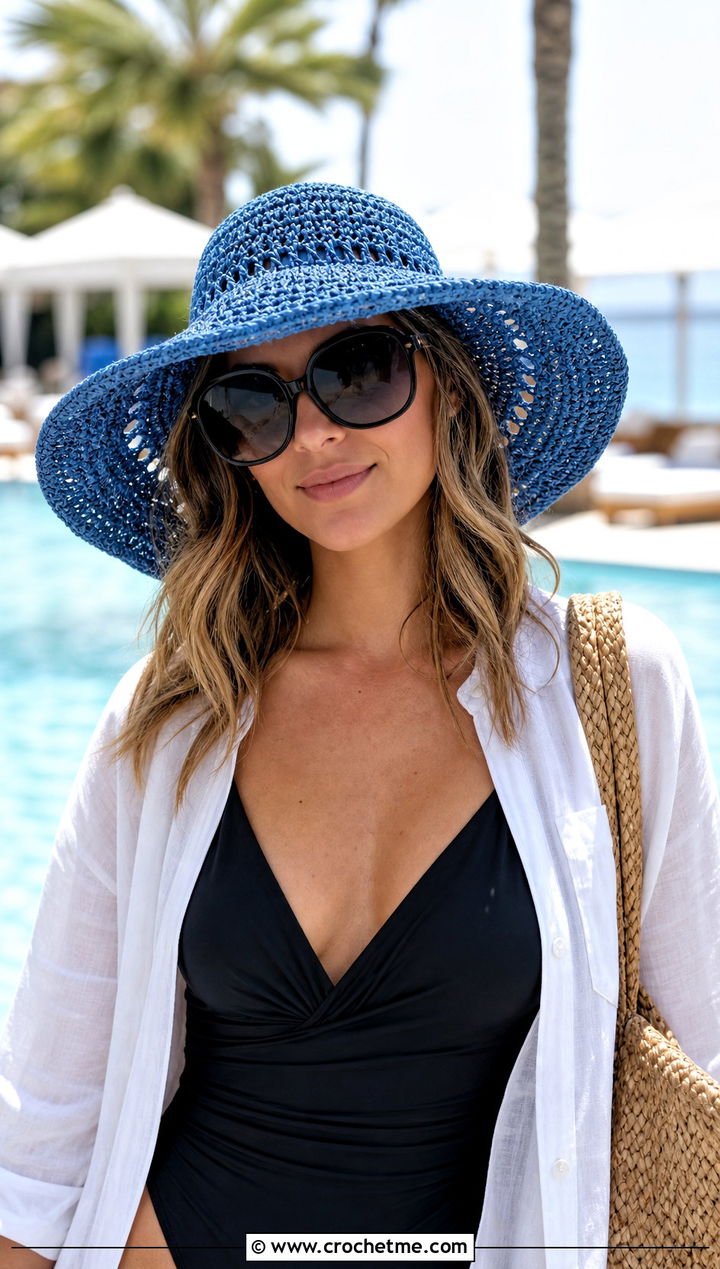 Wide Brim Crochet Sun Hat With Swimsuit And Shirt Dress - 30 Quick And Easy Crochet Hat outfit ideas