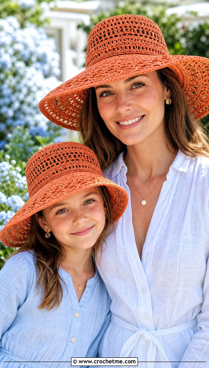 Wide Brim Crochet Sun Hats With Linen Dresses - 25 crochet mommy and me hats outfit ideas