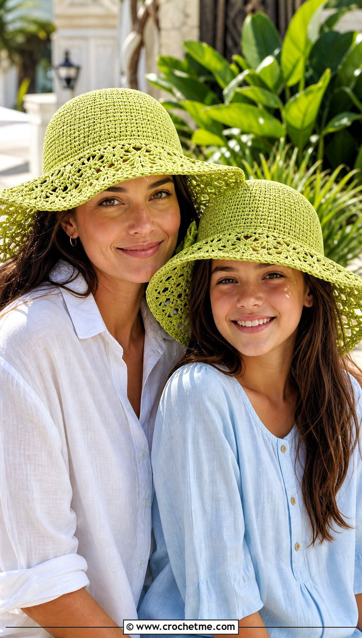 Wide Brim Crochet Sun Hats With Linen Sets - 20 Mother Daughter Crochet Hats outfit ideas