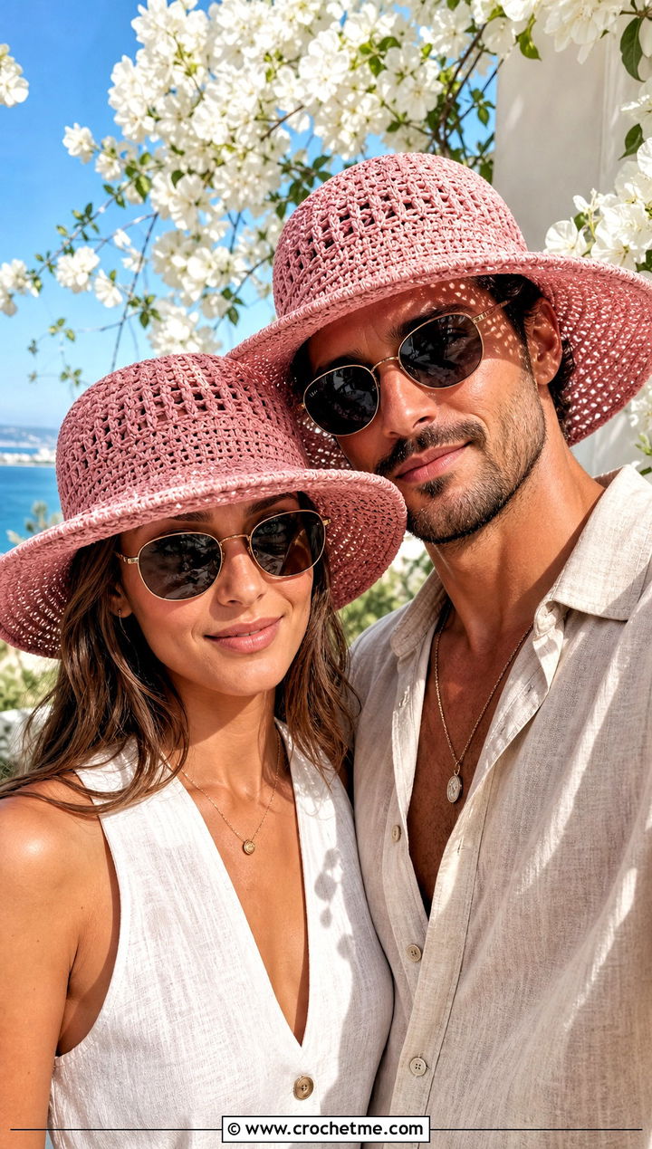 Wide Brim Crochet Sun Hats With Linen Sets - 15 Couples Crochet Hats outfit ideas