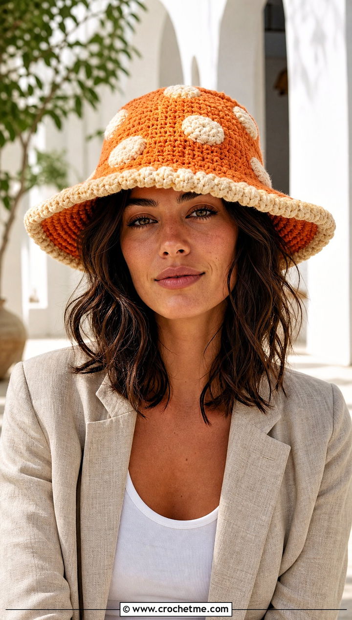 Wide Brim Crochet Toadstool Hat With Linen Suit - 15 Crochet Toadstool Hat outfit ideas