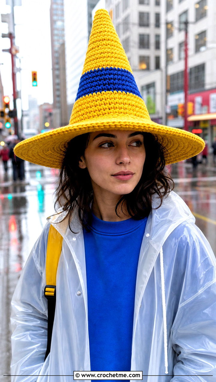 Wide Brim Crochet Traffic Cone Hat With Raincoat - 25 crochet traffic cone hat outfit ideas
