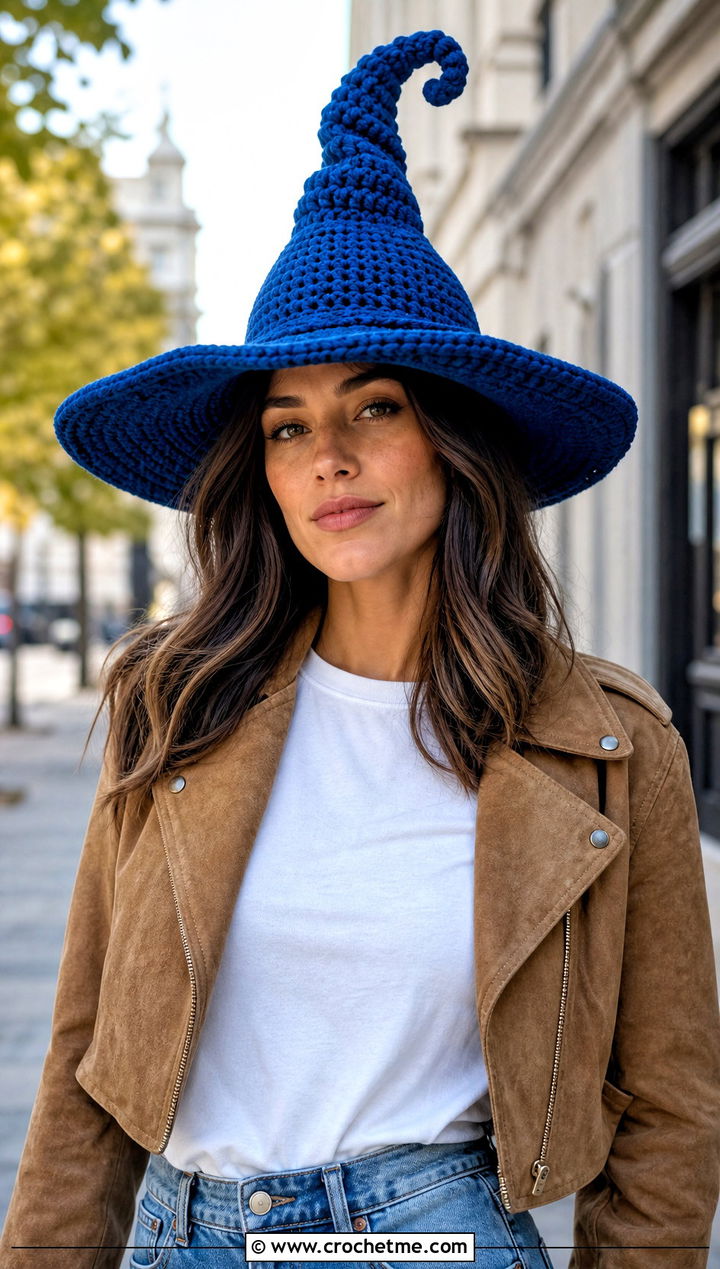 Wide Brim Crochet Twisted Witch Hat With Jeans - 25 crochet twisted witch hat outfit ideas
