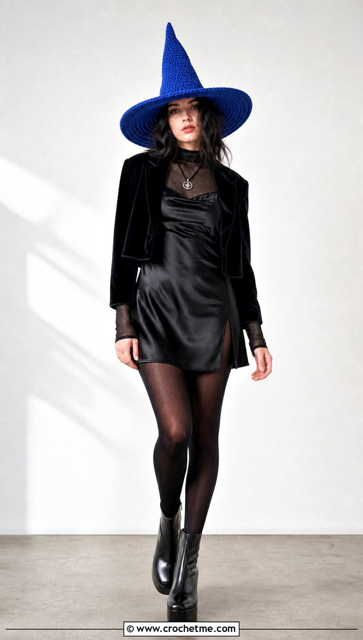 Wide Brim Crochet Witch Hat With Black Slip Dress - 30 crochet witch costume outfit ideas