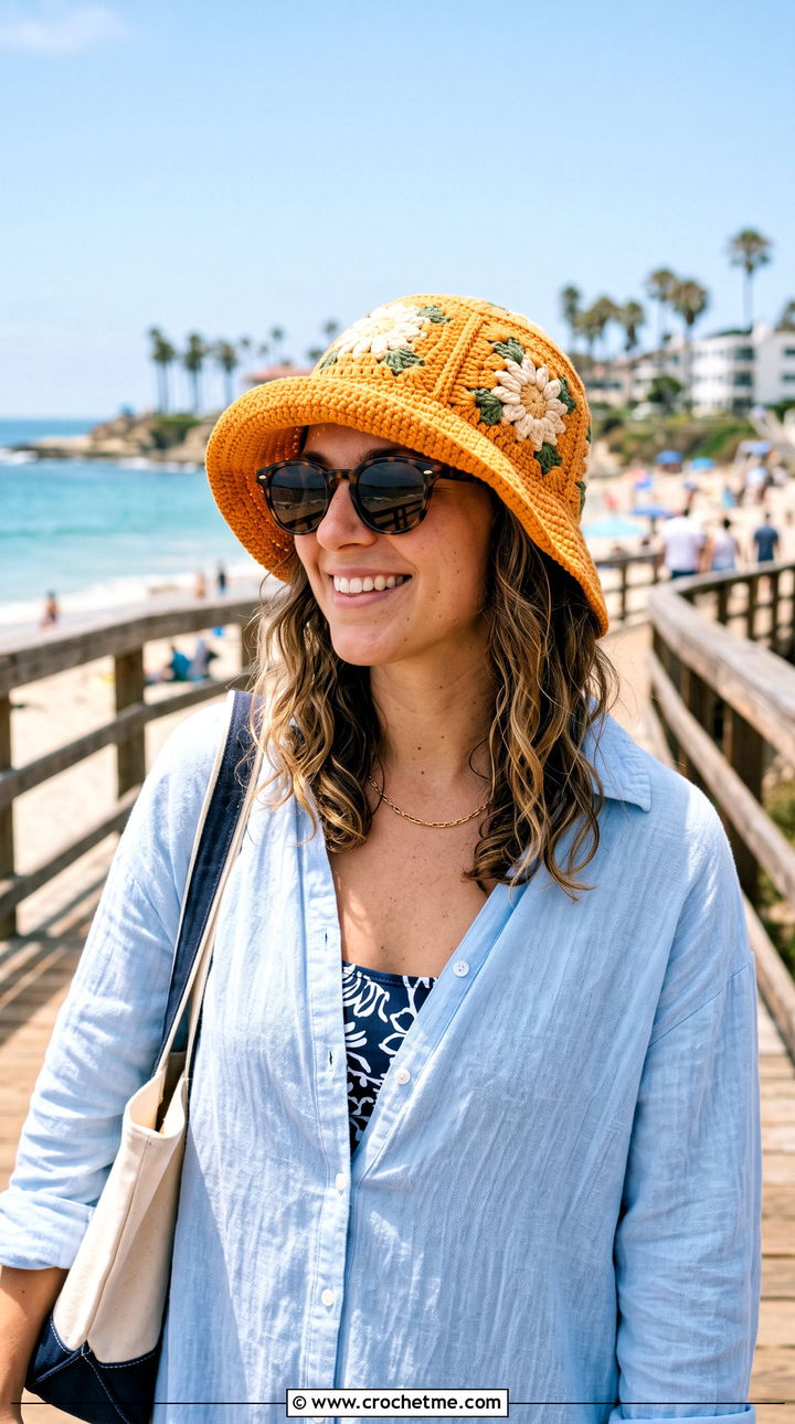 Wide Brim Daisy Crochet Bucket Hat With Beach Cover Up - 25 daisy crochet bucket hat outfit ideas