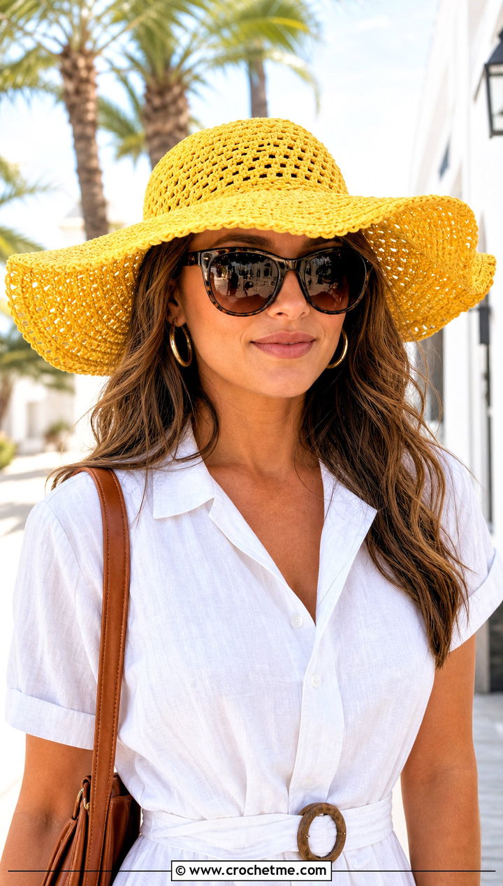 Wide Brim Floppy Crochet Sun Hat With Linen Dress - 25 floppy crochet hat outfit ideas