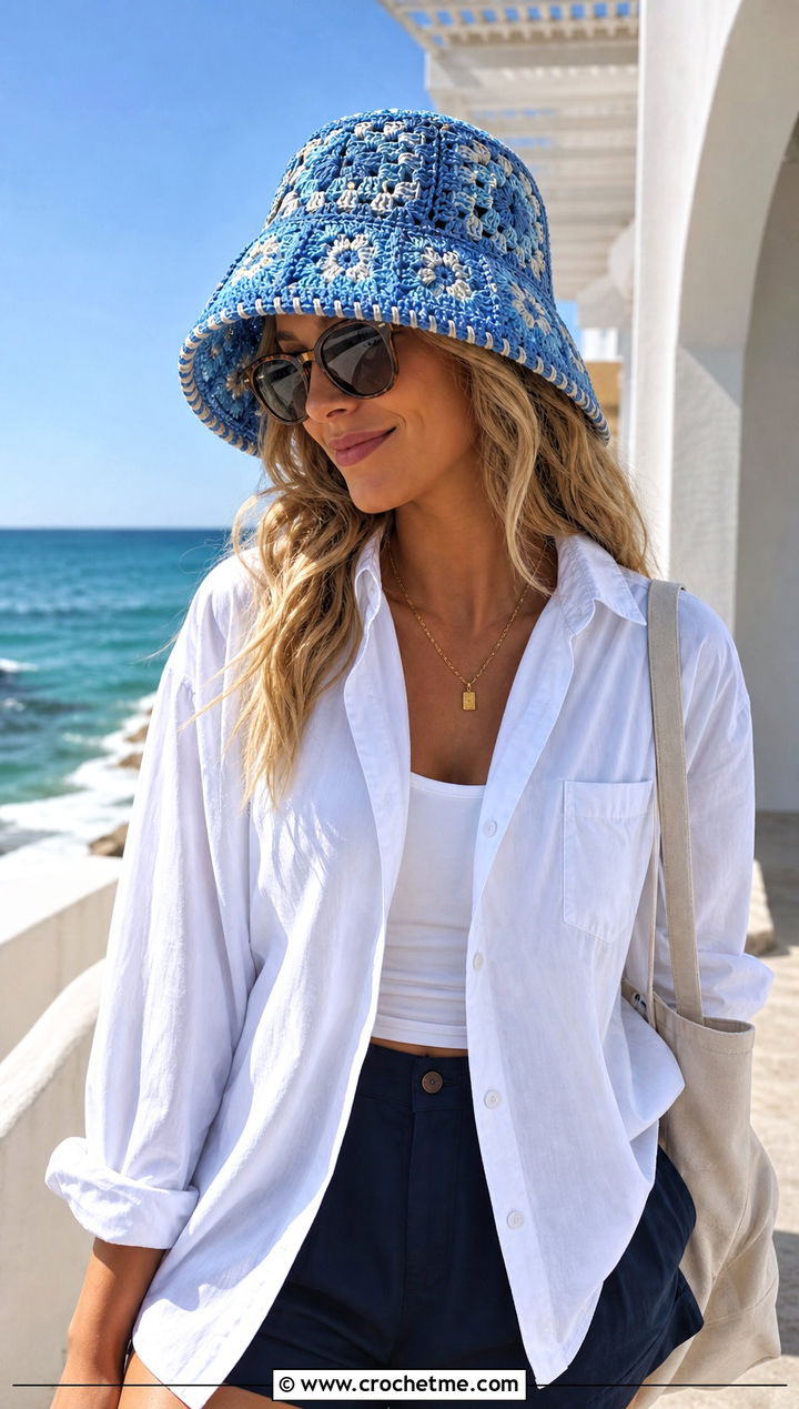 Wide Brim Granny Hat With Shirt And Shorts - 30 crochet granny hat outfit ideas